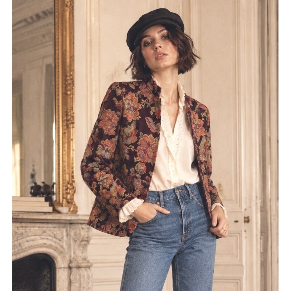 Coldwater Creek Aubergine Eggplant Brocade Jacket M Rich Tapeststry Zip Up Stand